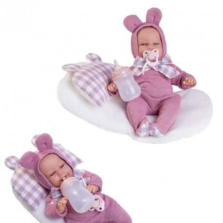 MUÑECA BABY CARLA PALABRITAS OREJITAS CON COJIN-CUNA 34 CM